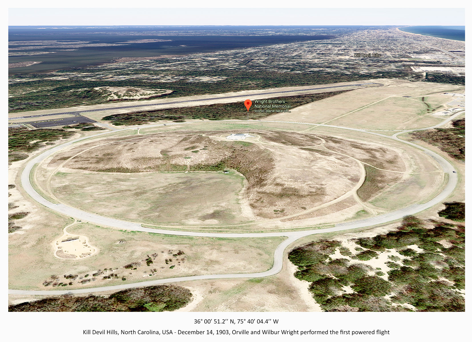 Kill Devil Hills, North Carolina, USA, December 14,- 1903, Orville and Wilbur Wright performed the first powered flight