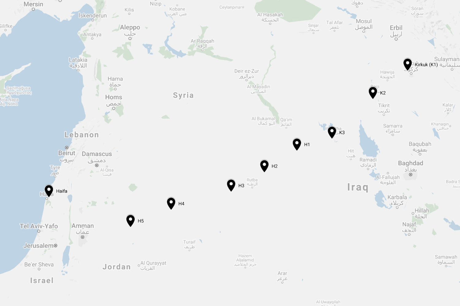 Map of the Kirkuk–Haifa oil pipeline pumping stations and the air bases location